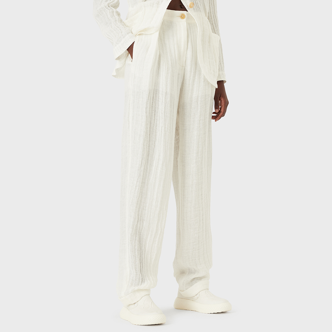 Ecru Wide Leg Cotton Blend Trousers