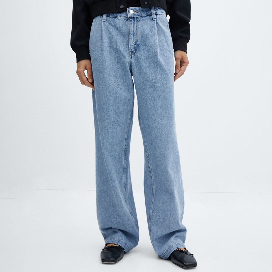 Blue Straight Pleated Jeans