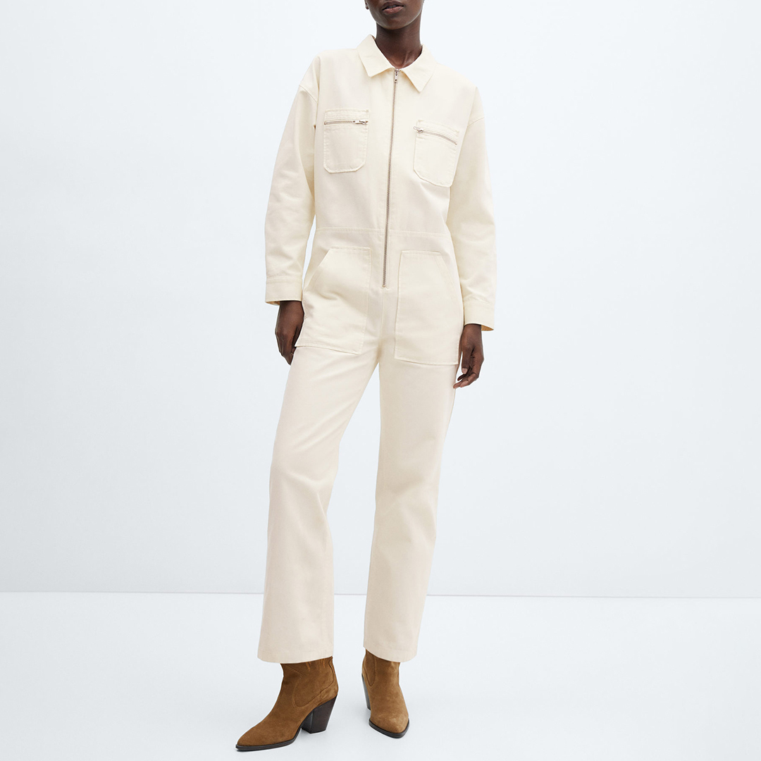 Cream Denim Zipper Jumpsuit - Mango - Modalova