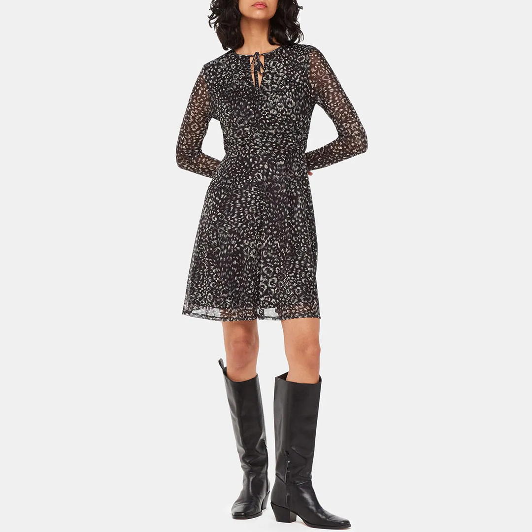 WHISTLES Women's  Black Feather Leopard Flippy Mini Dress in Size 8, BrandAlley