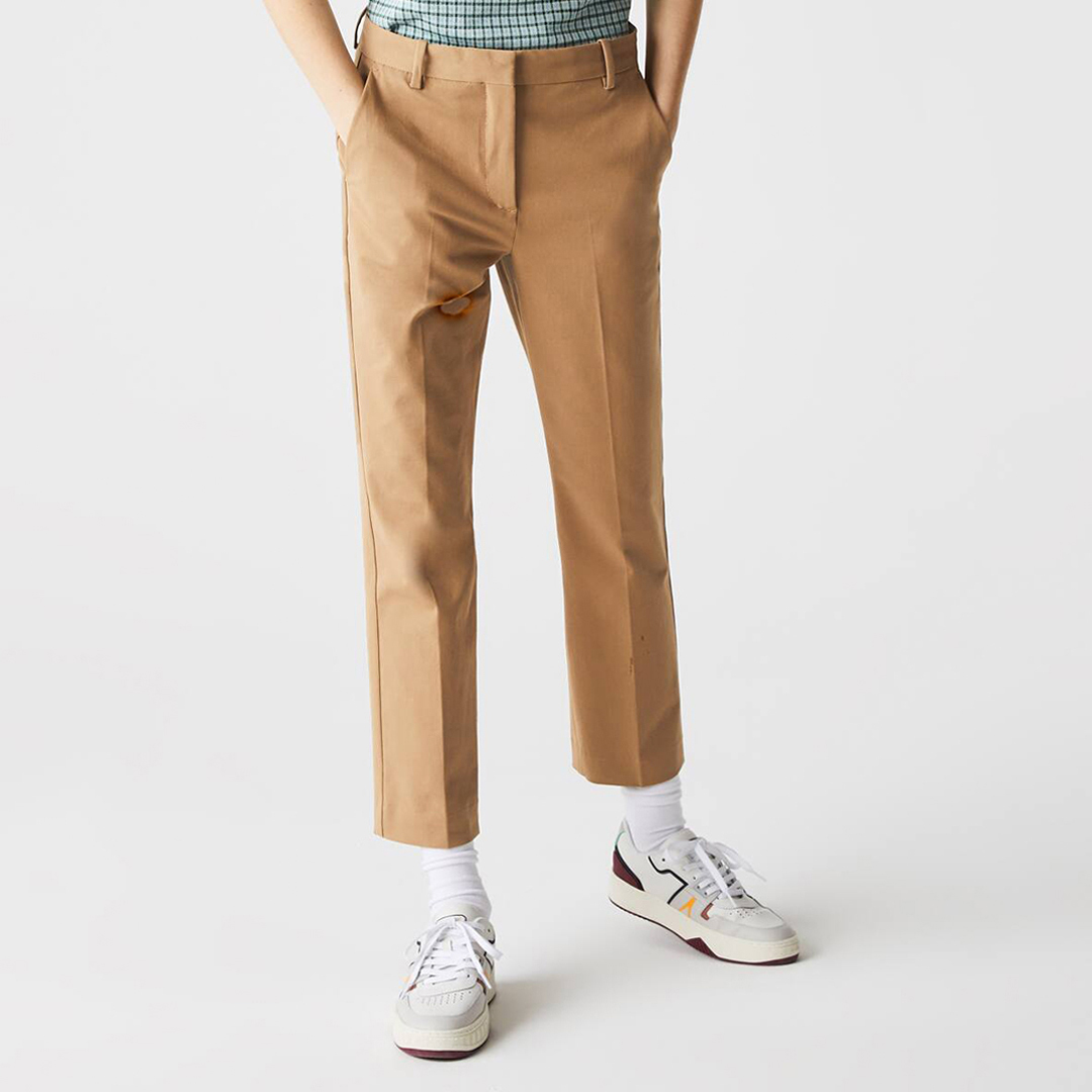 Beige Cropped Straight Cotton Blend Trousers