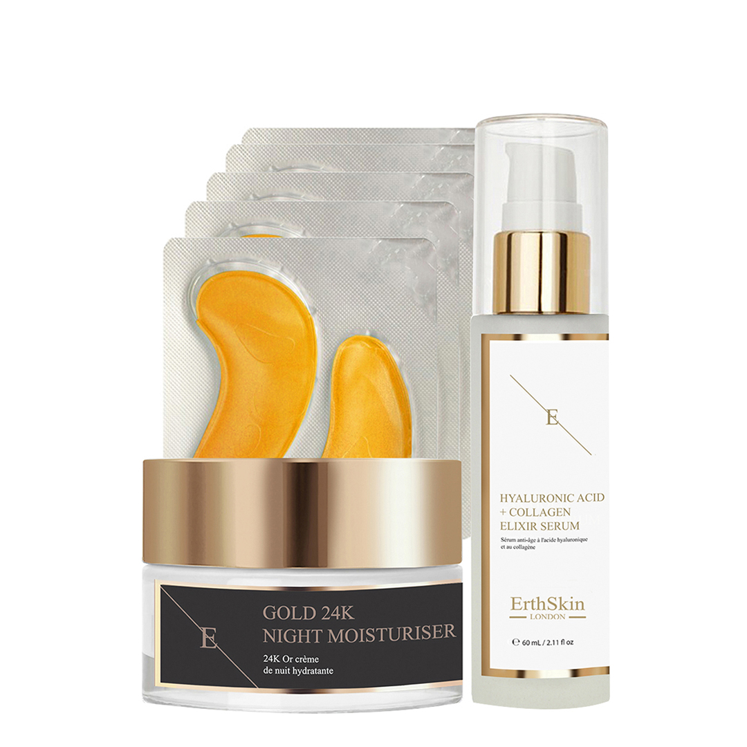 Erth Skin London   Anti-Wrinkle Night Moisturiser 24K Gold+Collagen Gold Under Eye Patch 24K Gold - 5X2 Pads + Hyaluronic Acid &Amp; Collagen Serum - 60 in Size 5, BrandAlley