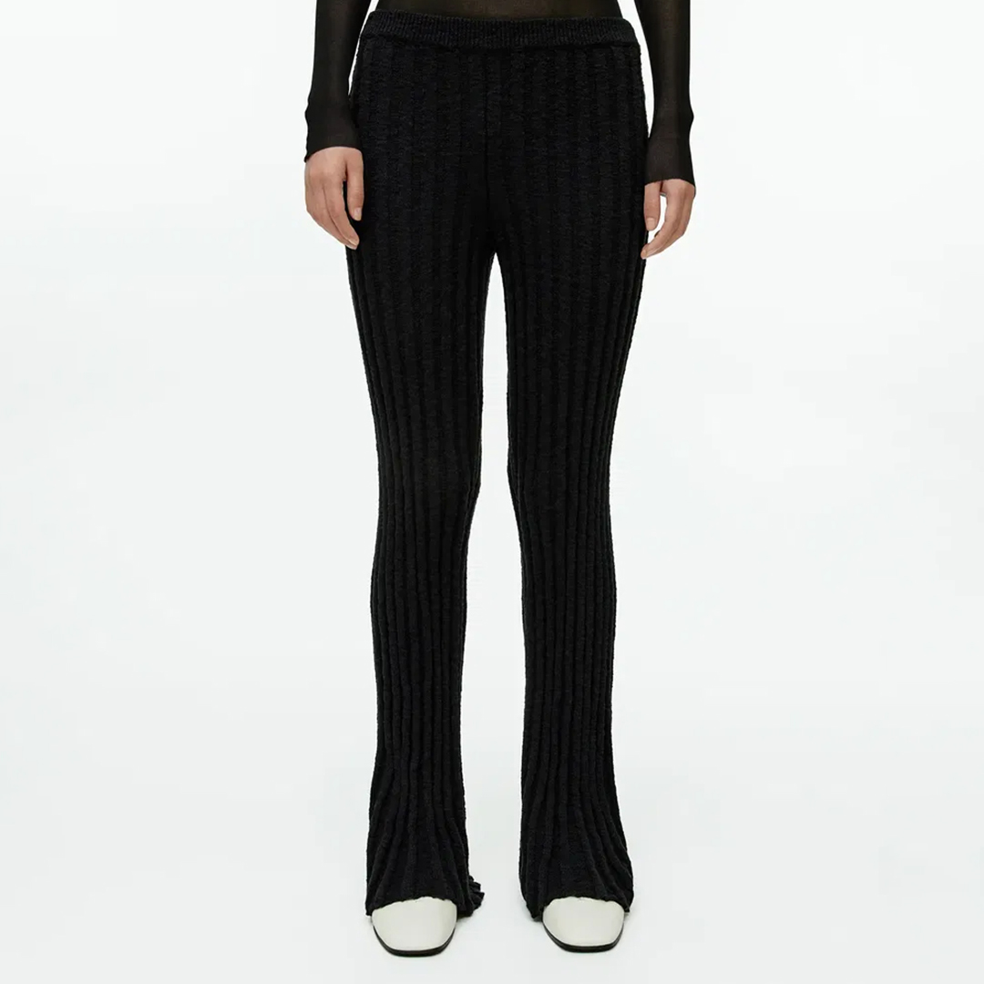 Black Ribbed Flared Leg Trousers