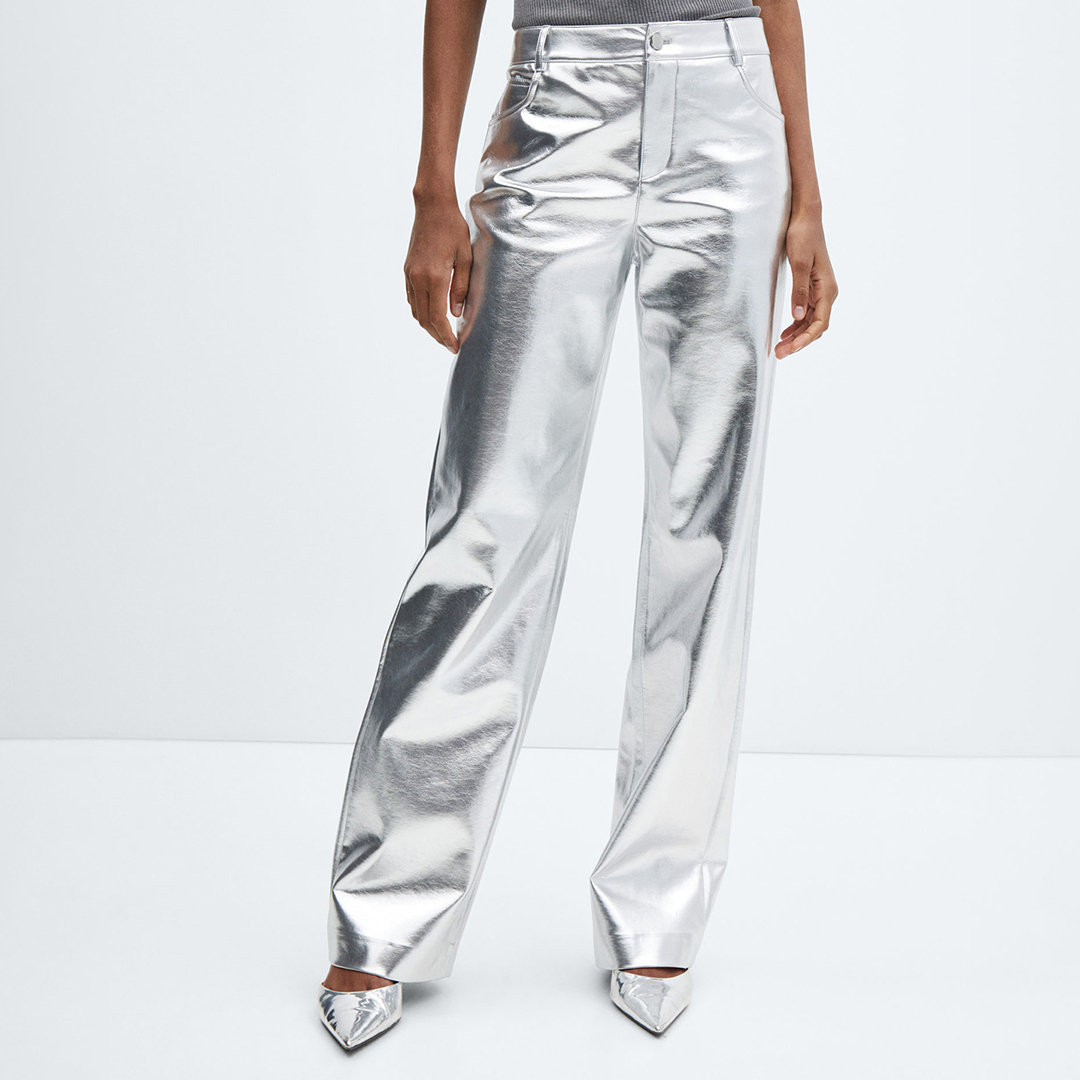 Silver Metallic Leather Effect Trouser