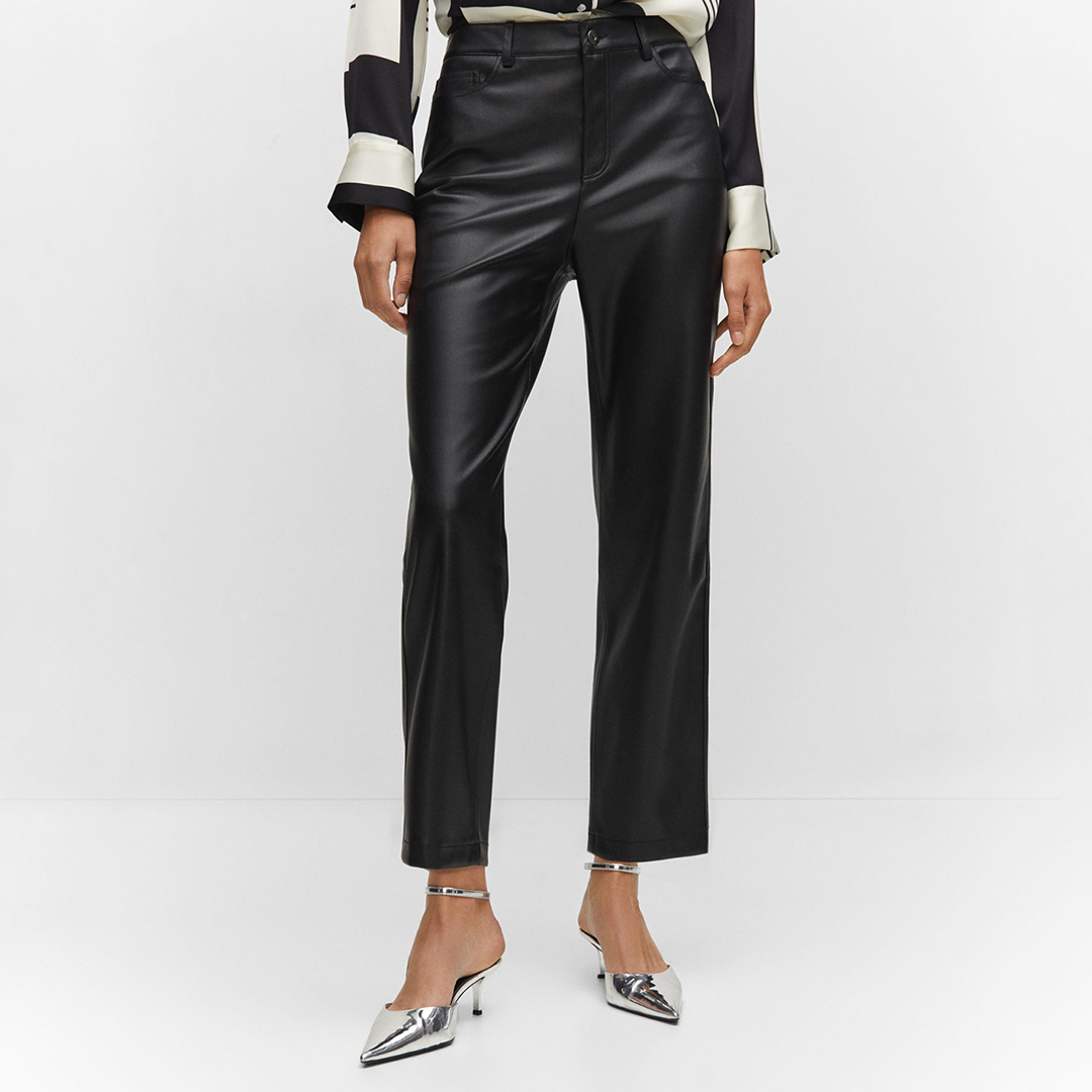 Black Leather-Effect Straight Trousers
