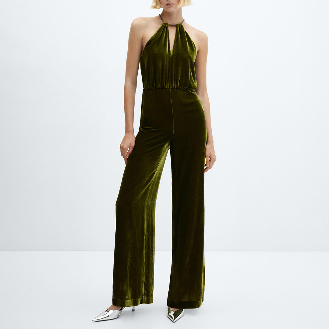 Olive Green Halter-Neck Velvet Jumpsuit