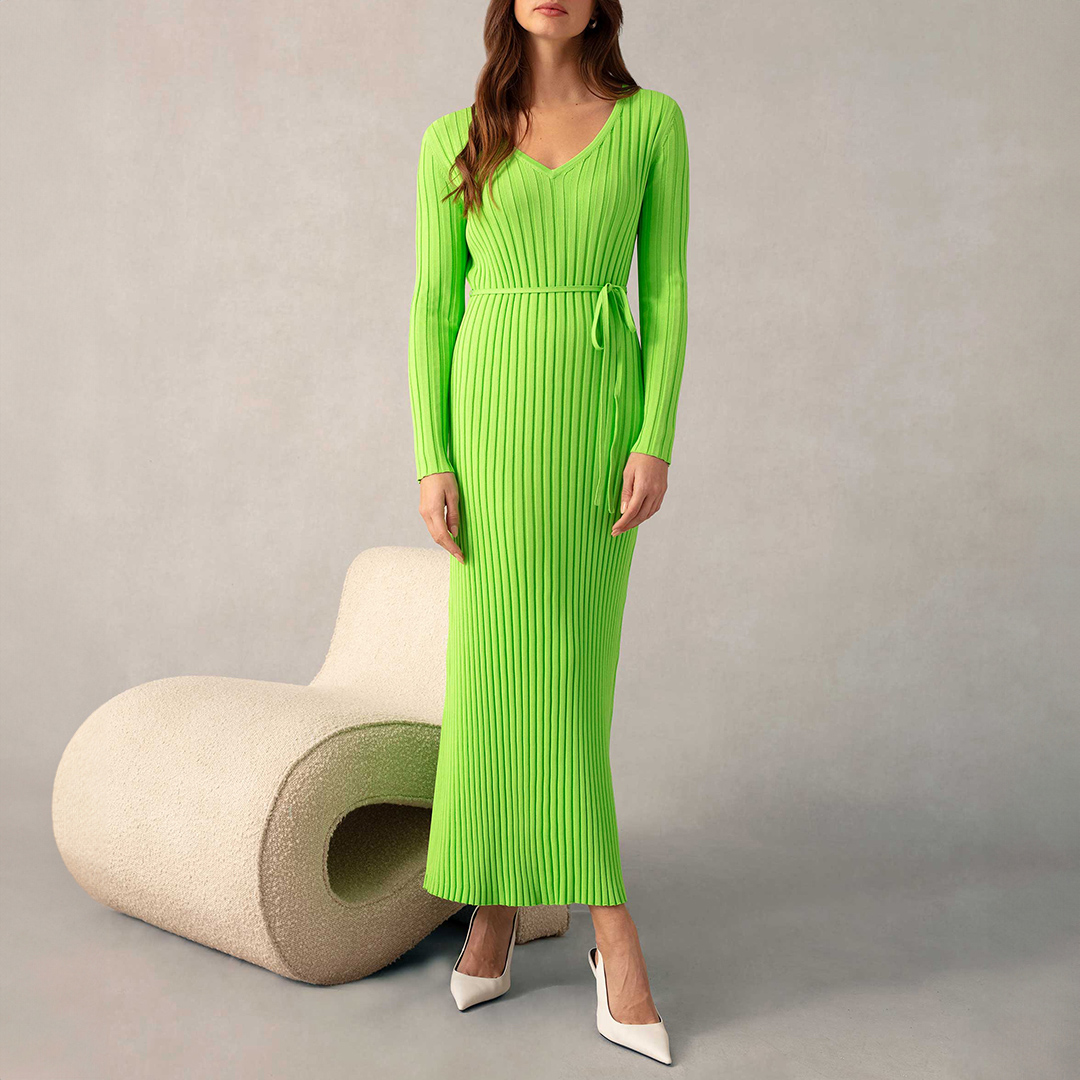 Lime Wide Rib Knit V Neck Dress