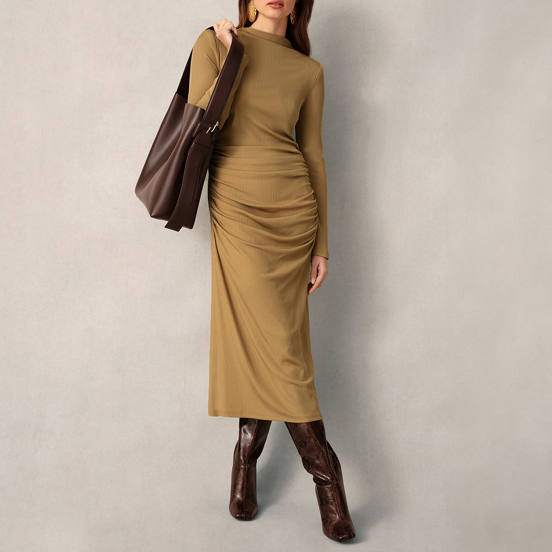 Tan Rib Jersey Gathered Dress