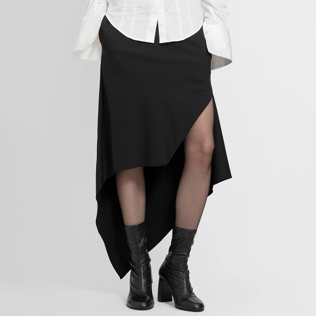 Black Aysymmetric Wool Midi Skirt