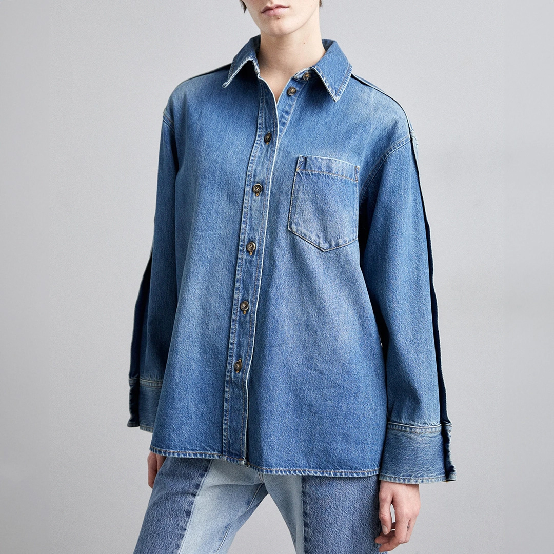 Blue Oversized Pleat Denim Shirt