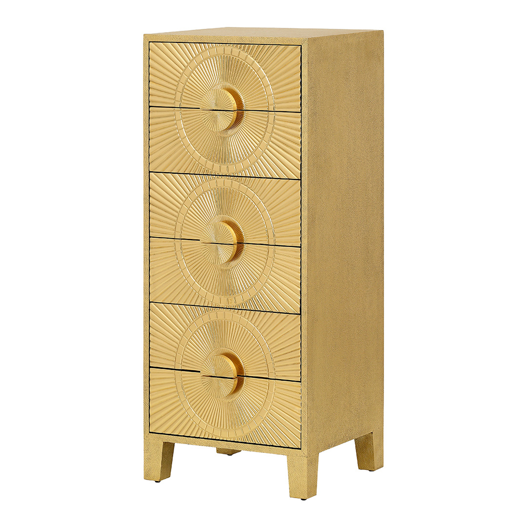 Coco Gold Embossed Metal Six Drawer Tall Boy