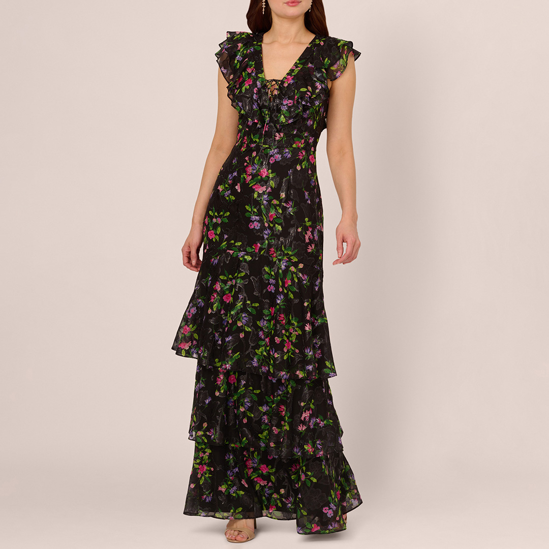 Black Floral Ruffle Chiffon Gown