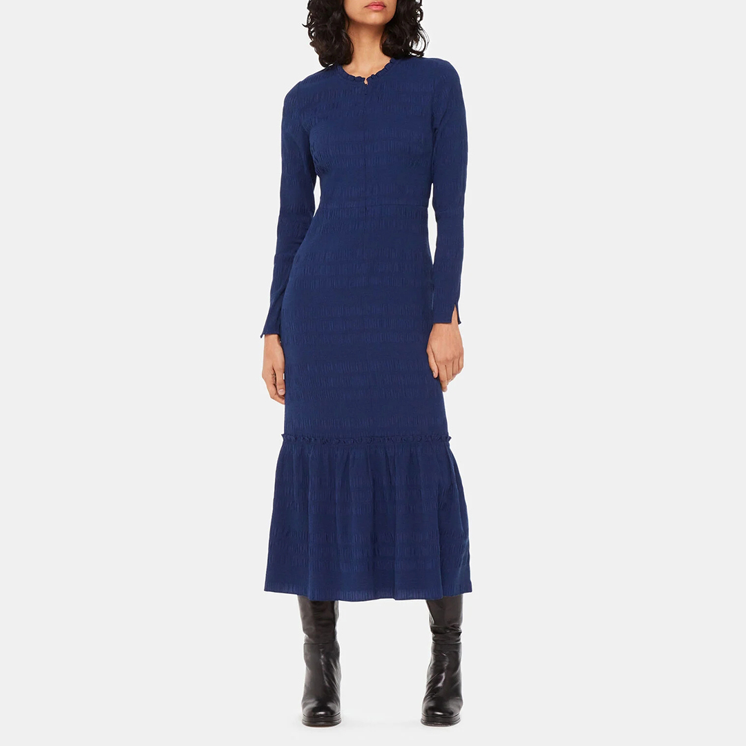 WHISTLES Women's  Navy Mila Textured Midi Dress in Size 10, BrandAlley