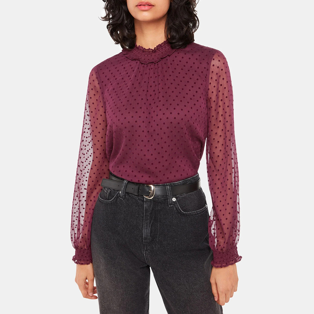 Burgundy Dobby Velvet Shirred Top