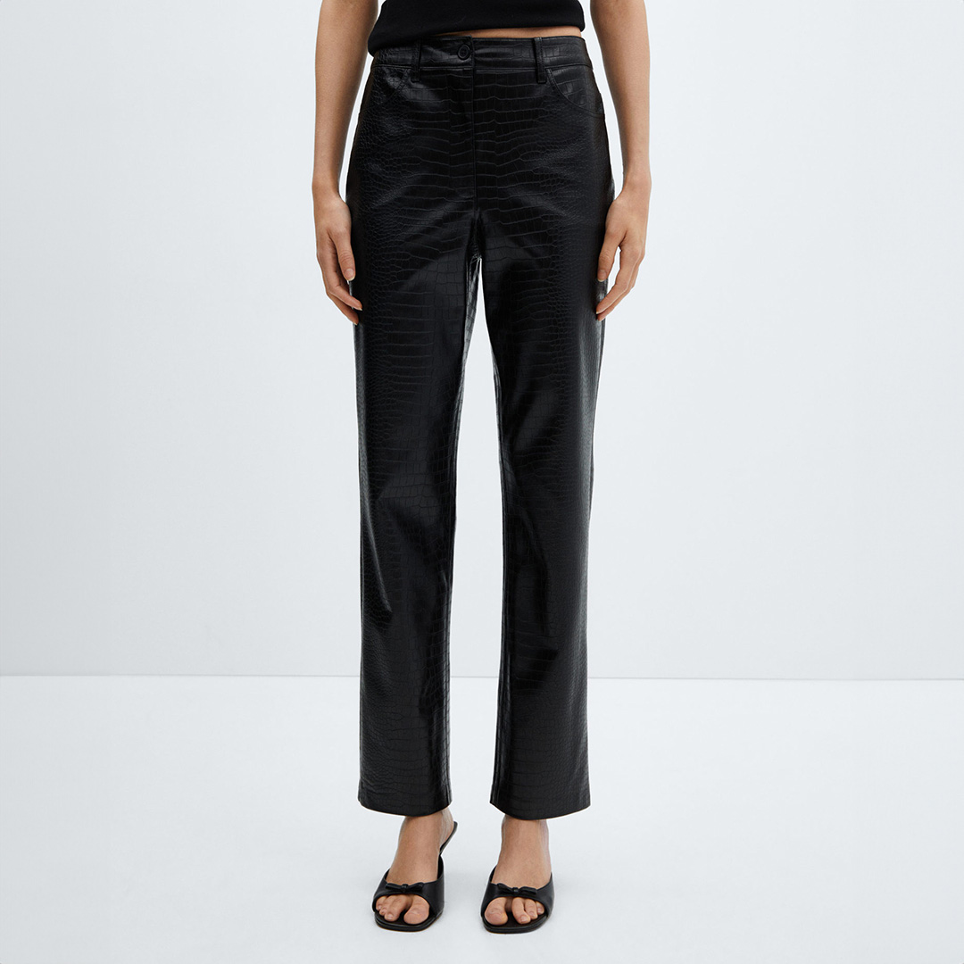 Black Croc Effect Ankle Crop Trousers