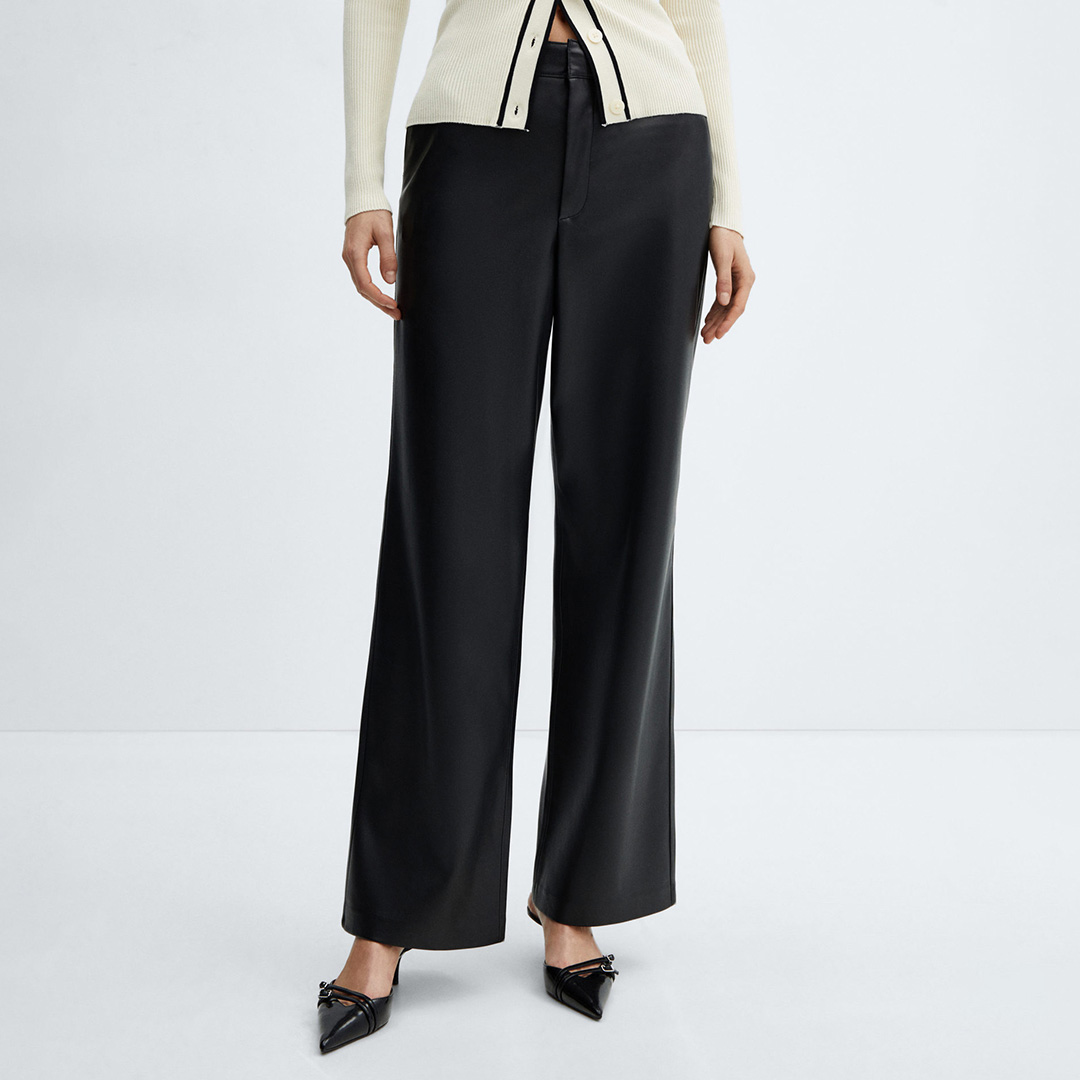 Black Leather Effect Flare Trousers