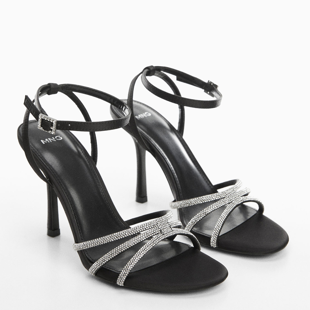 Black Heeled Rhinestone Strappy Sandals