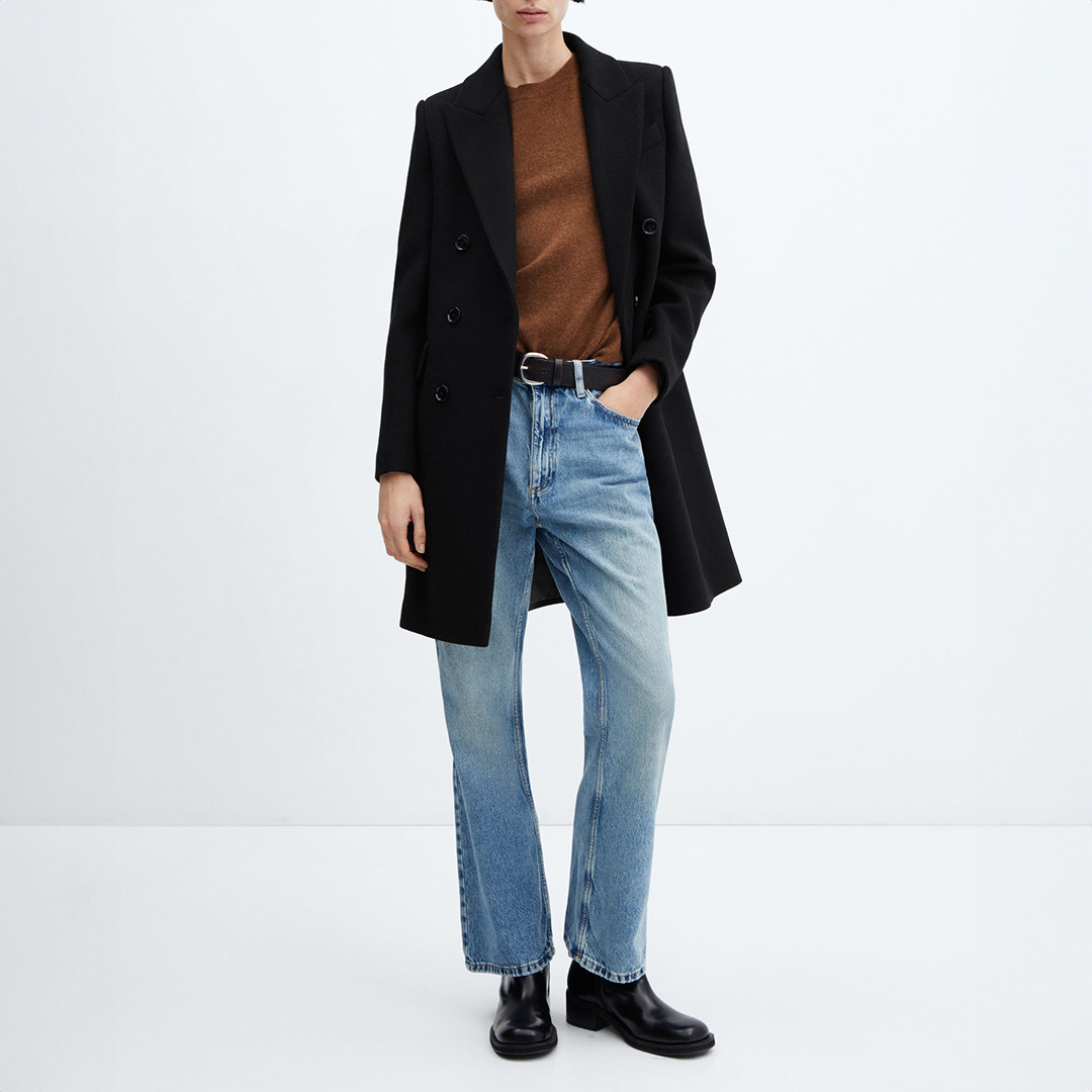 Black Double Breasted Wool Blend Coat
