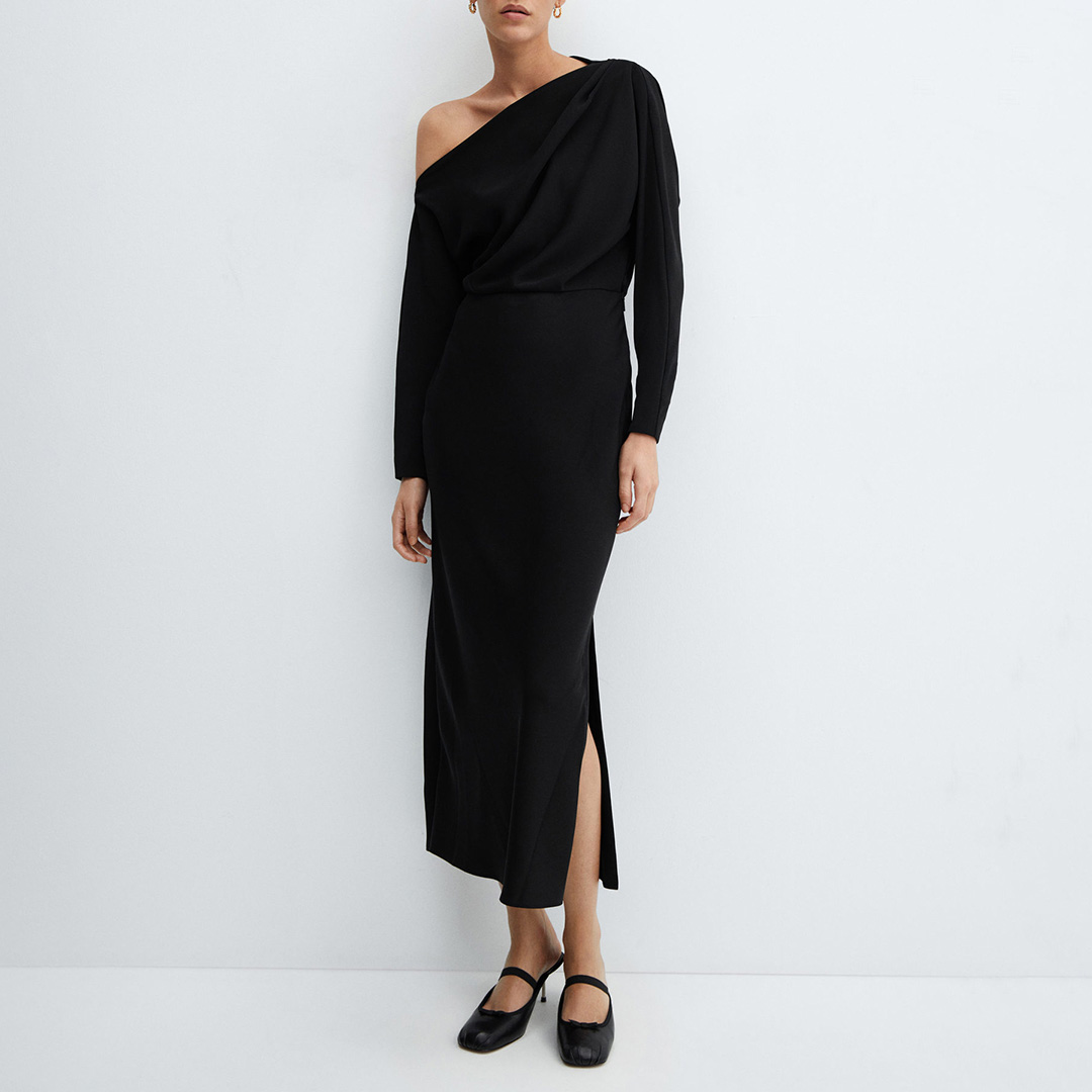 Black Asymmetrical Drape Midi Dress