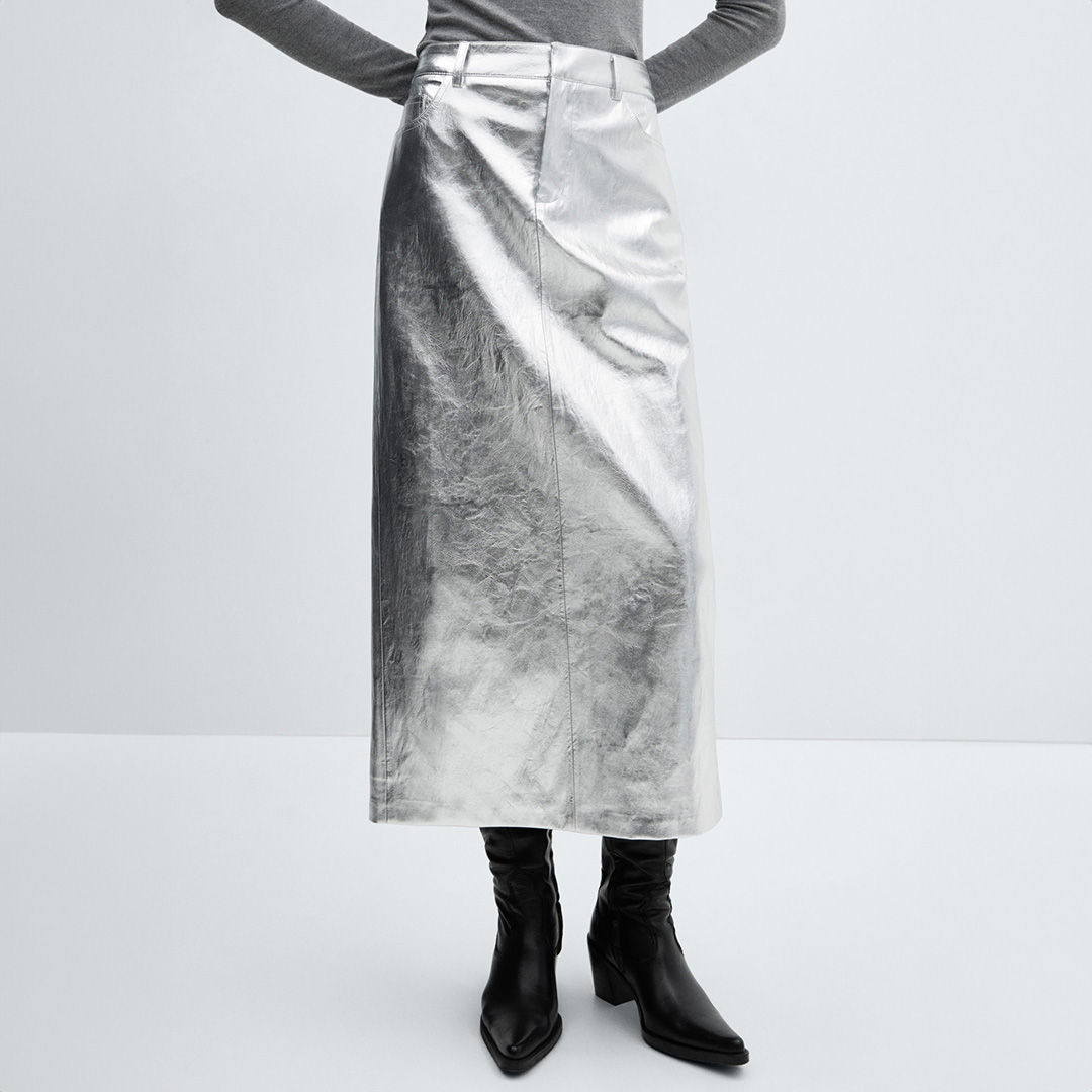 Silver Metallic Midi Skirt