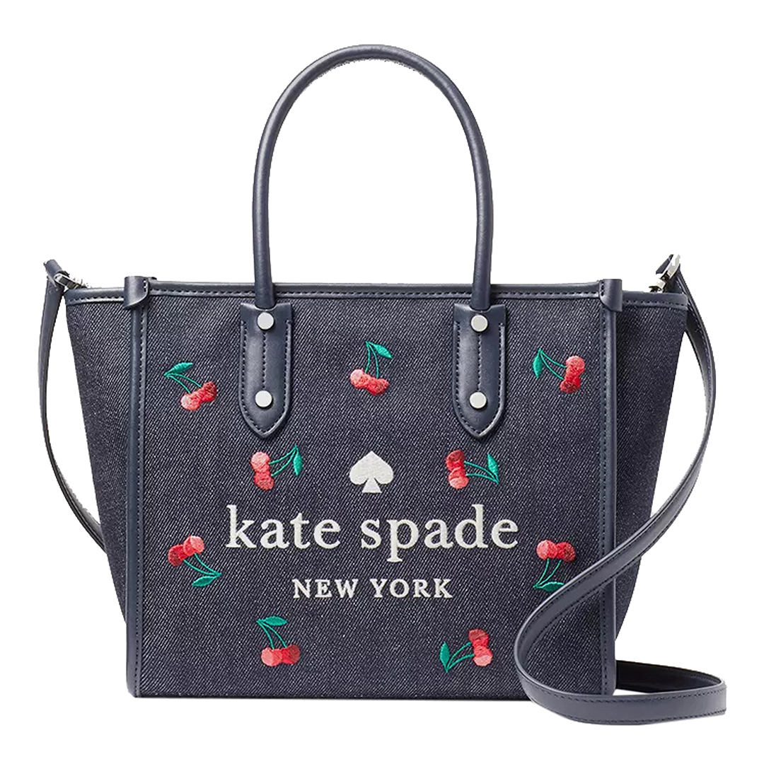 Blue Multicolour Ella Cherry Embroidered Denim Fabric Small Tote