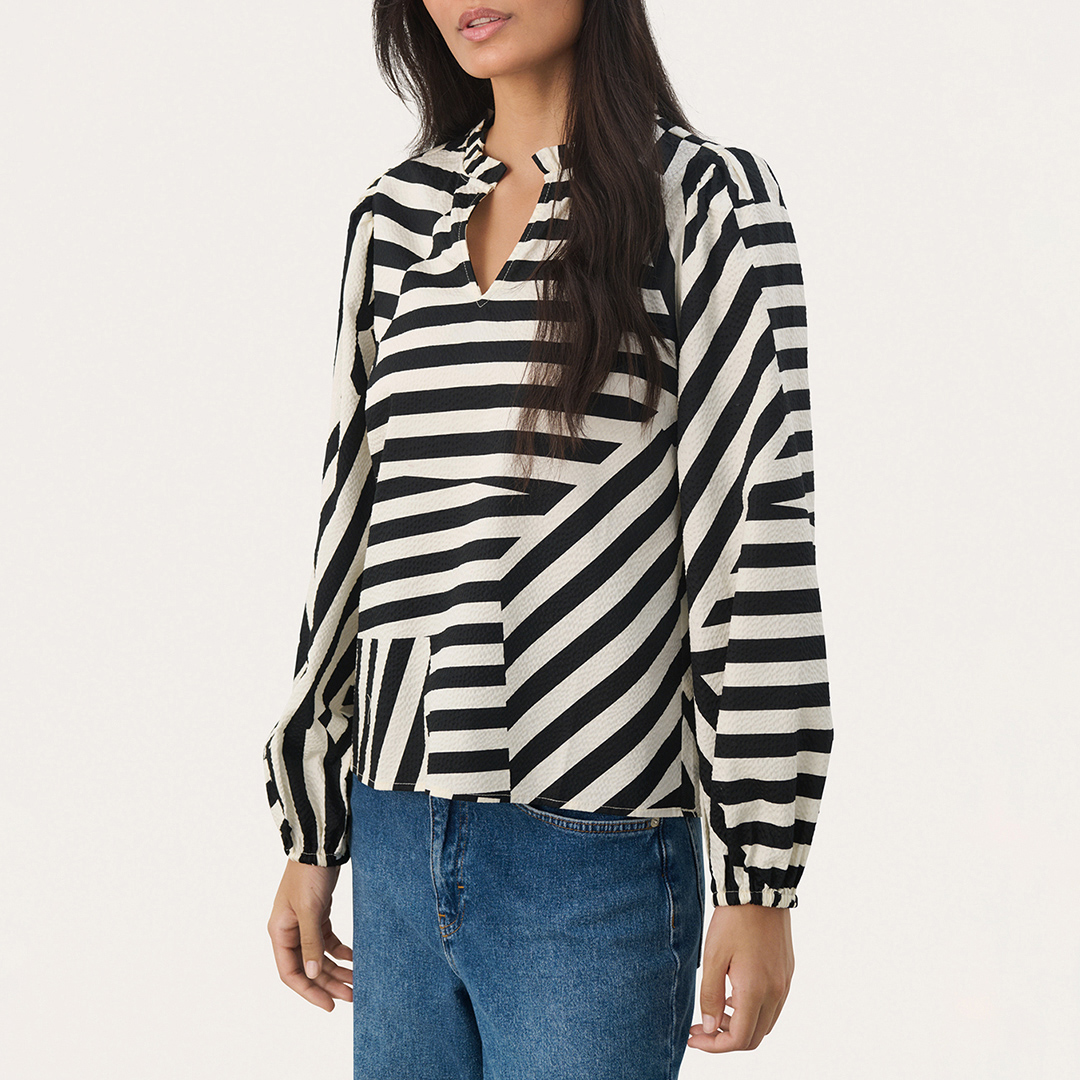 Black Printed Tunisian Collar Blouse
