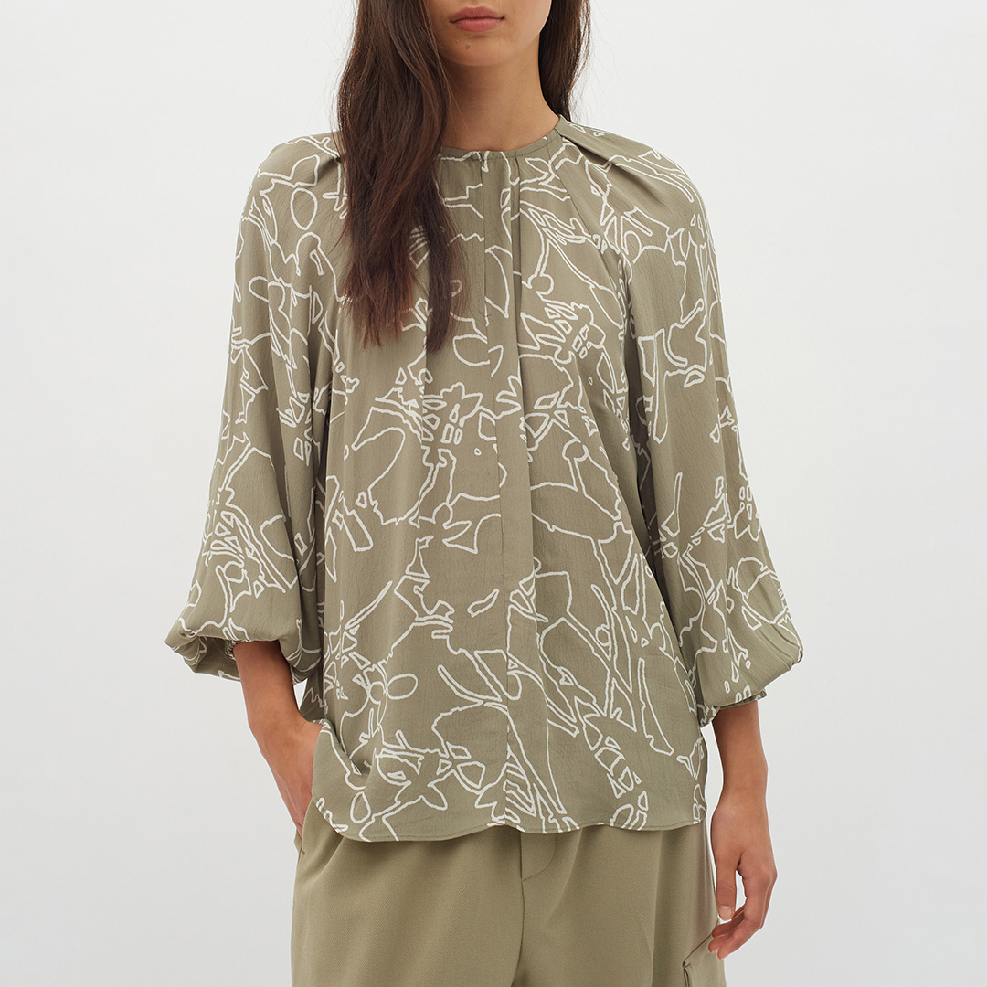 Khaki Printed Bishop Blouse