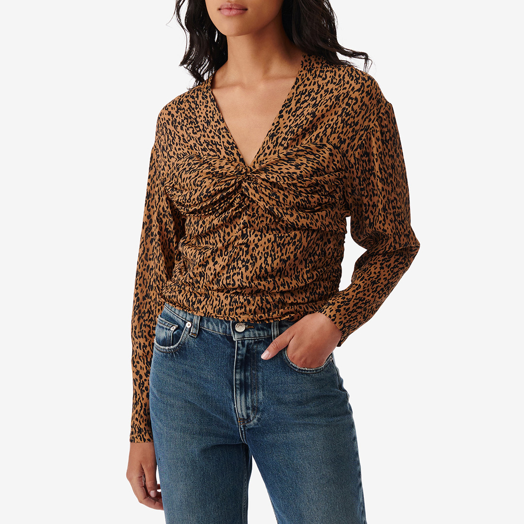Brown Printed Ruched Blouse