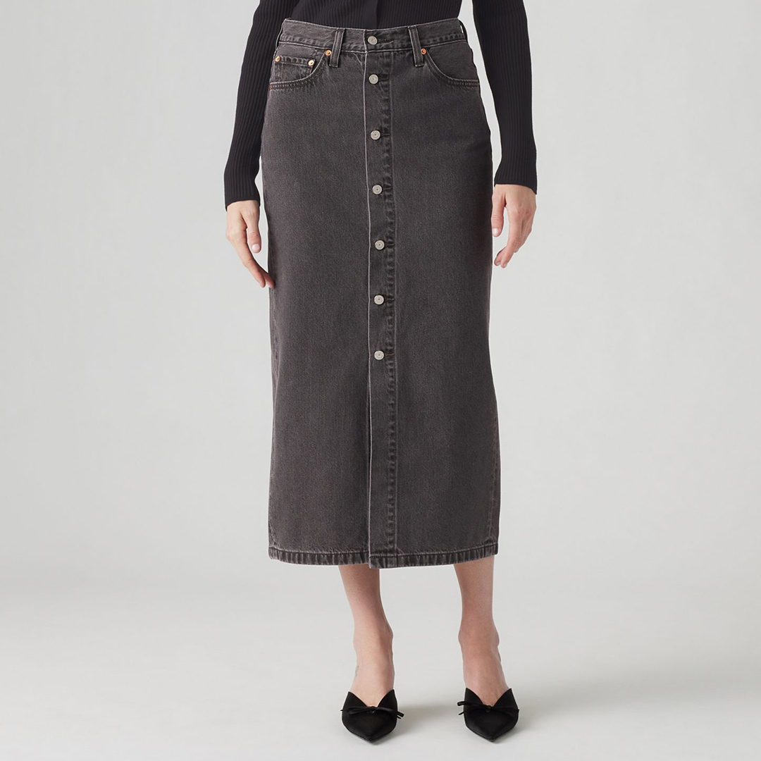Grey Button Front Midi Skirt