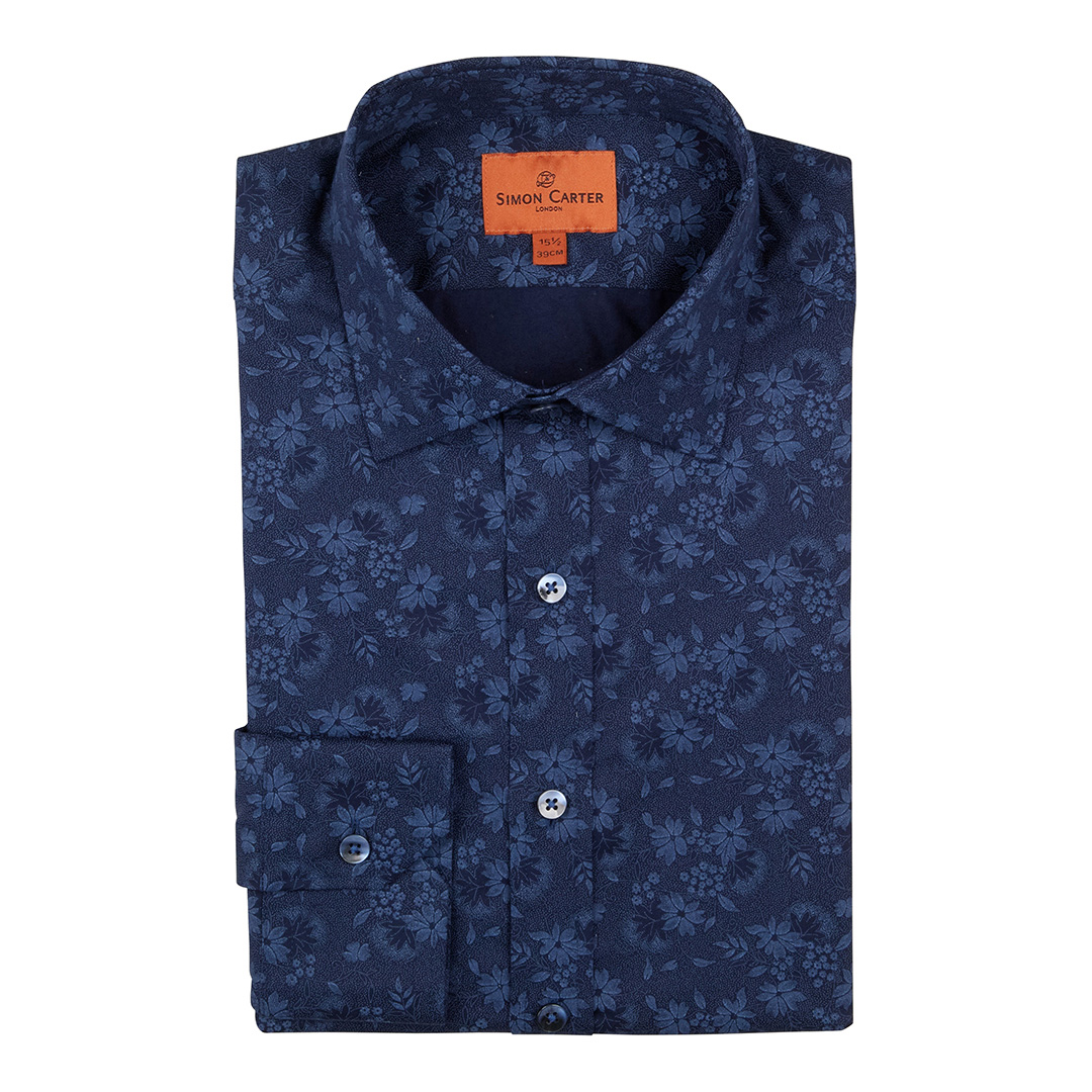 Navy Flower Print Cotton Shirt