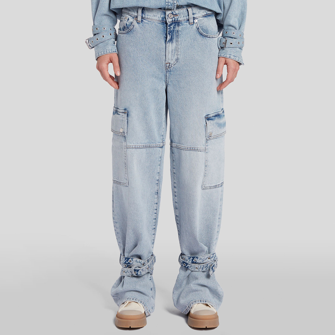 Light Blue Belted Cargo Denim Pants
