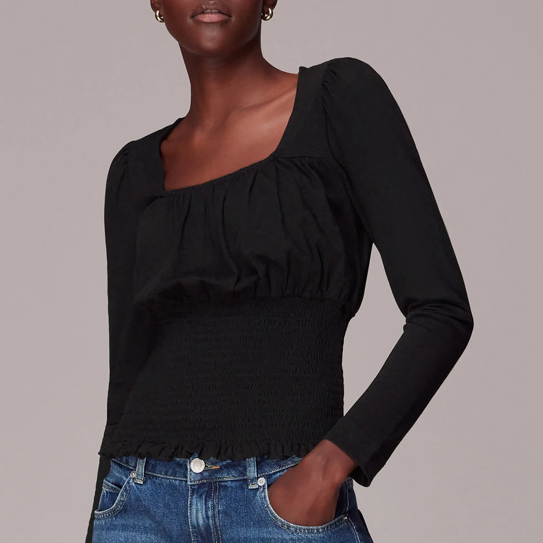 Black Square Neck Shirred Top