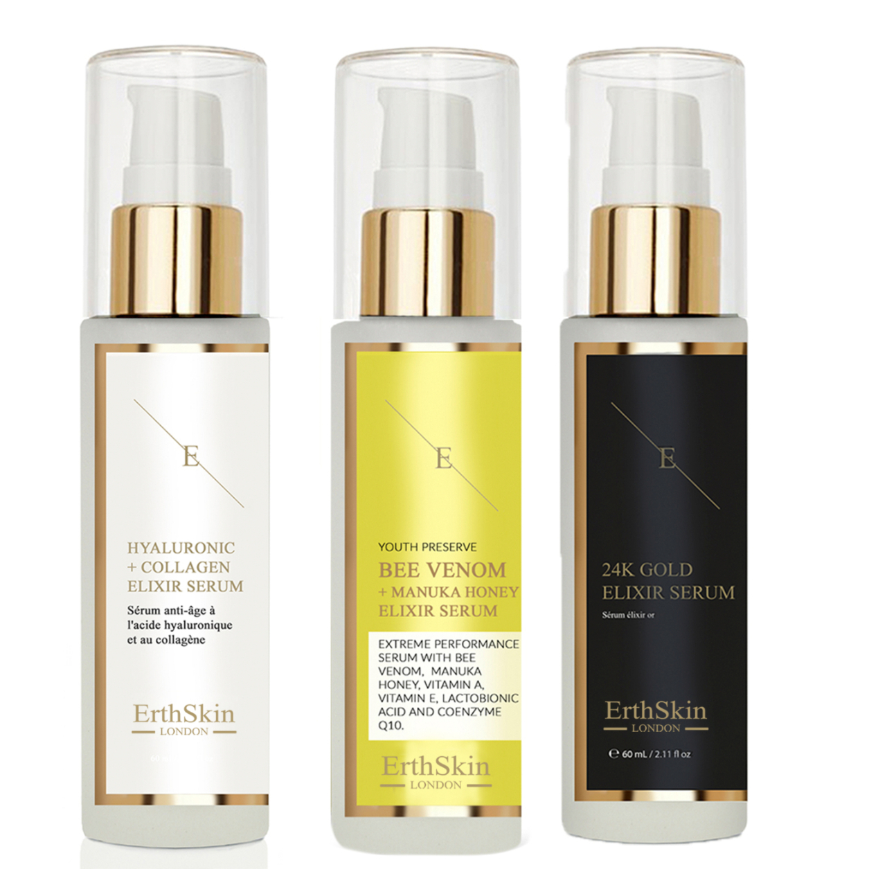 Erth Skin London   Bee Venom + Manuka Honey Elixir Serum 60ml + Hyaluronic acid & Collagen Serum - 60ml + ANTI-WRINKLE ELIXIR SERUM 24K GOLD - 60ml - Si , BrandAlley