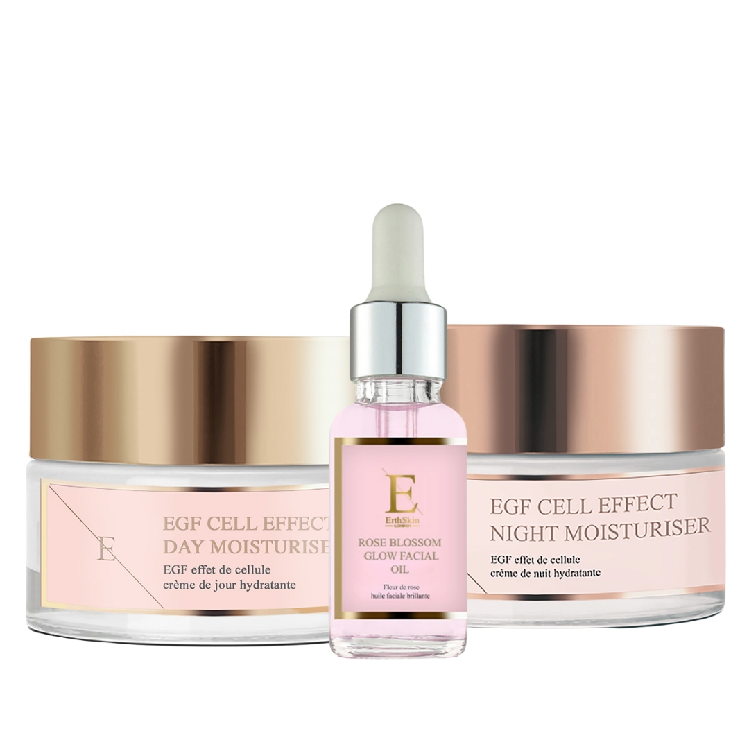 Erth Skin London    Black Egf Cell Effect Day Moisturizer + Egf Cell Effect Night Moisturier + Rose Blossom Facial Oil 30Ml , BrandAlley