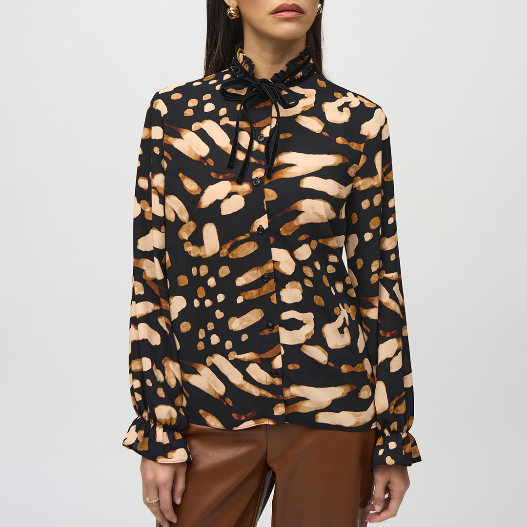 Brown Printed Ruffle Collar Blouse