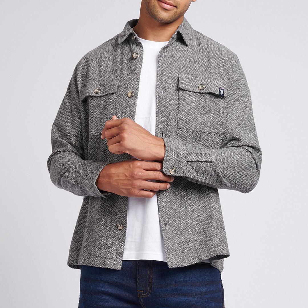 Grey Textured Herringbone Cotton Shirt