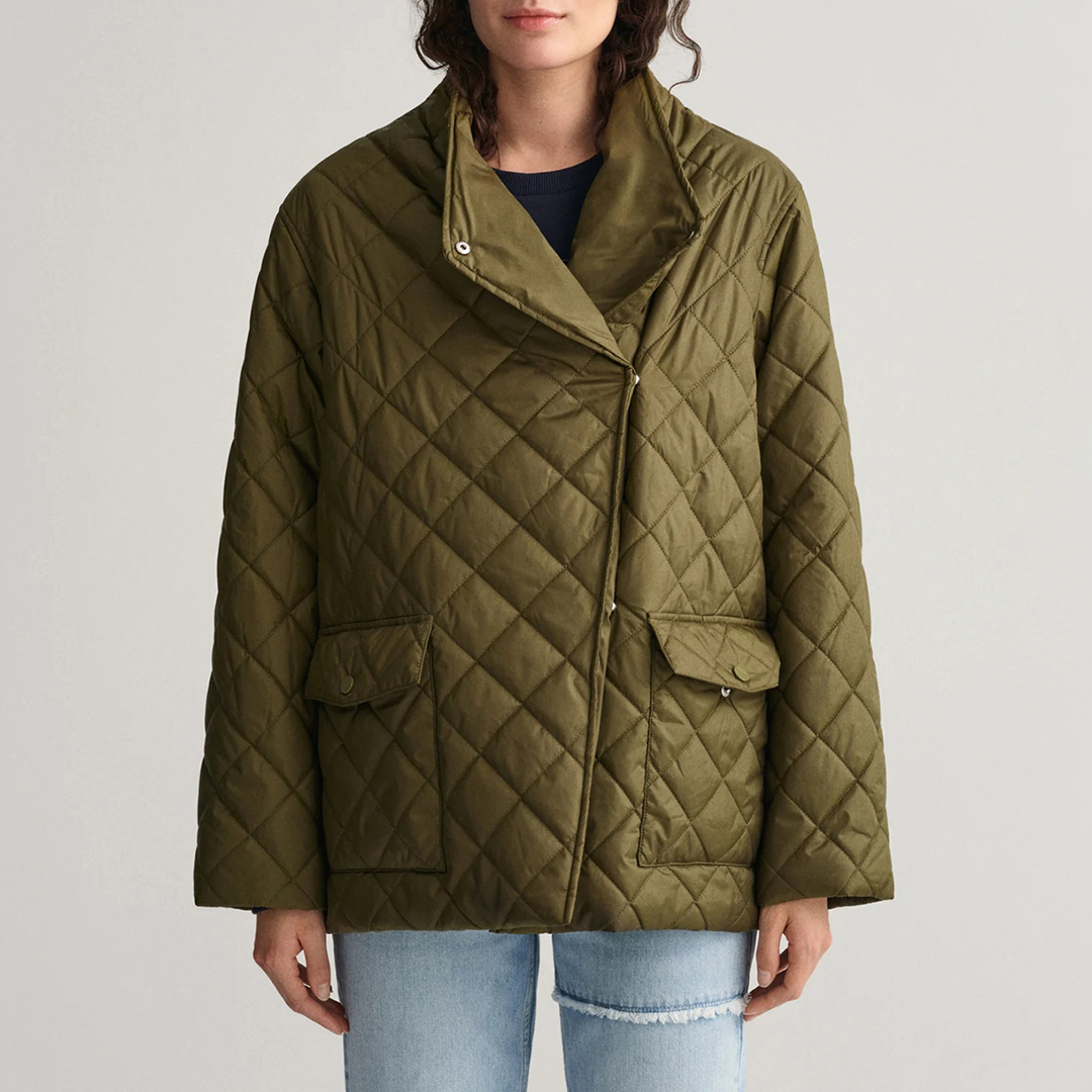 Khaki Diamond Quilted Wrap-Over Jacket