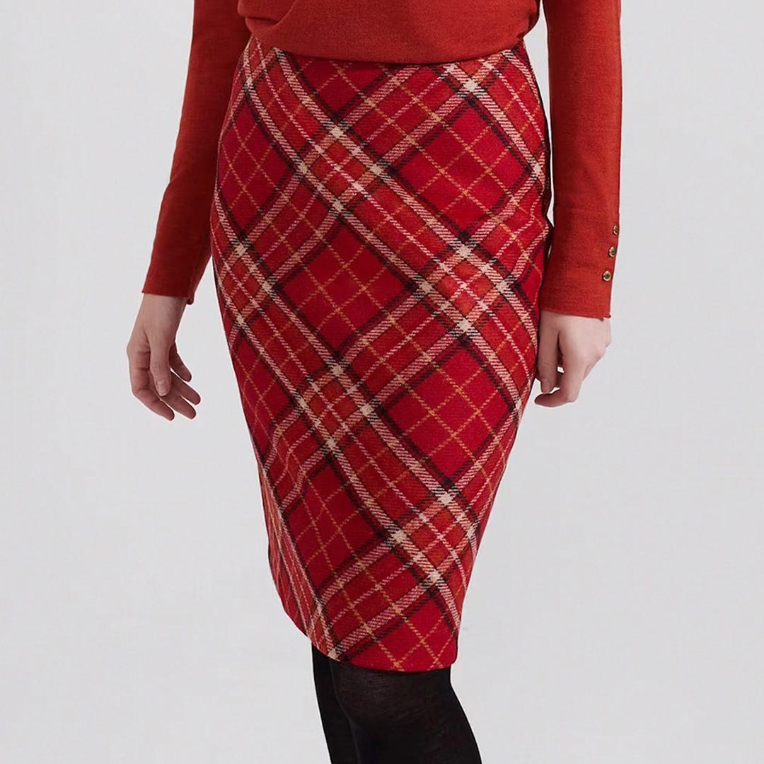 Red Daphne Check Wool Pencil Skirt