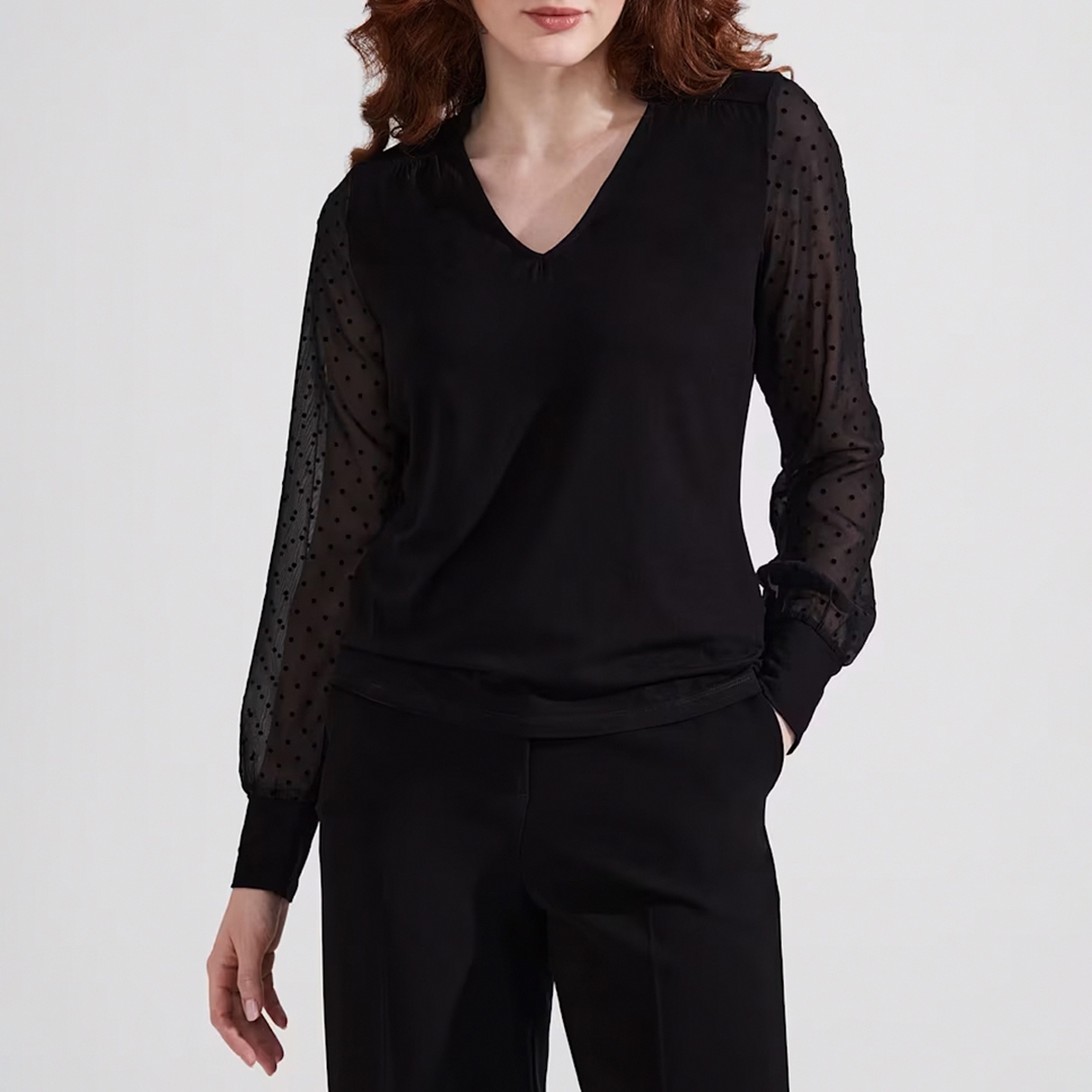 Black Louisa Dobby Spot Long Sleeve Top