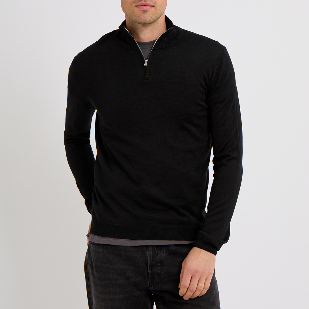 Black Thornby Merino Blend Quarter Zip Jumper