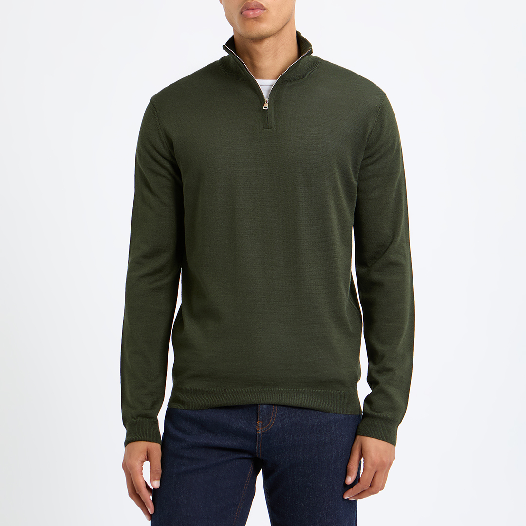 Khaki Thornby Merino Blend Quarter Zip Jumper