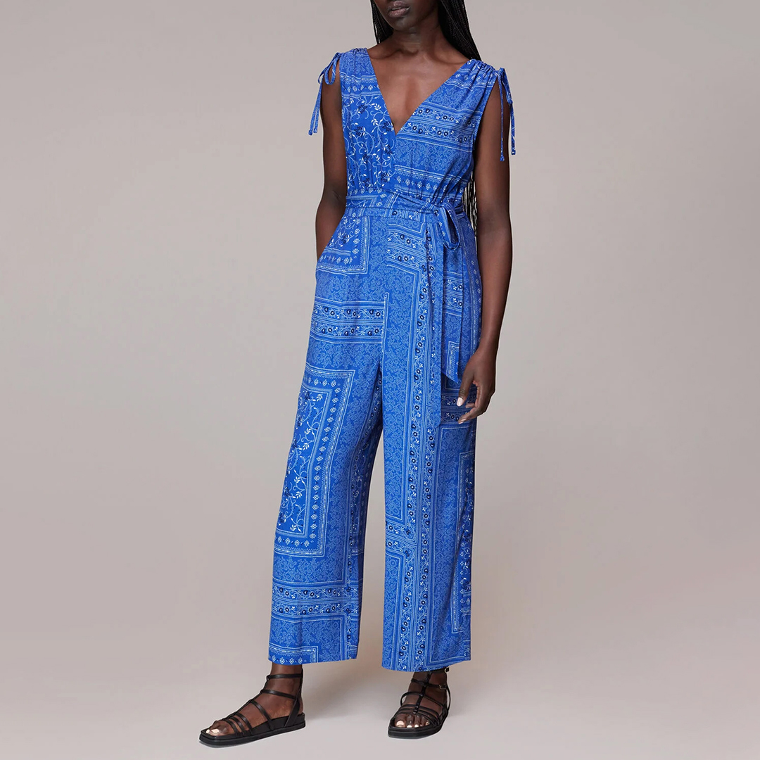 WHISTLES Women's  Blue V-Neck Printed Jumpsuit in Size 16, BrandAlley