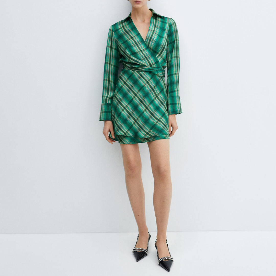 Mango Women's  Emerald Check Flowy Mini Dress in Size S, BrandAlley
