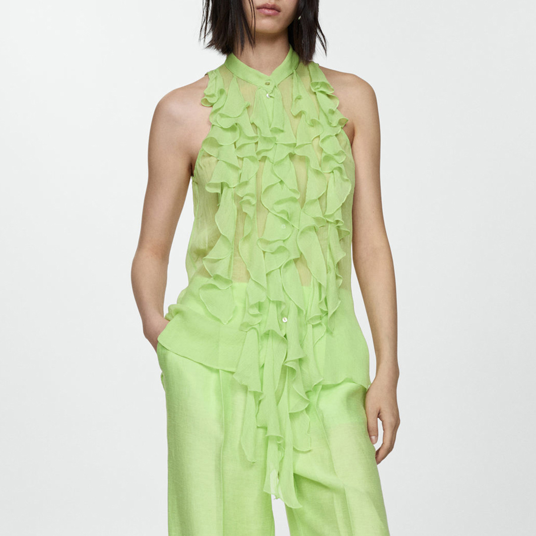 Green Semi-Transparent Ruffled Blouse