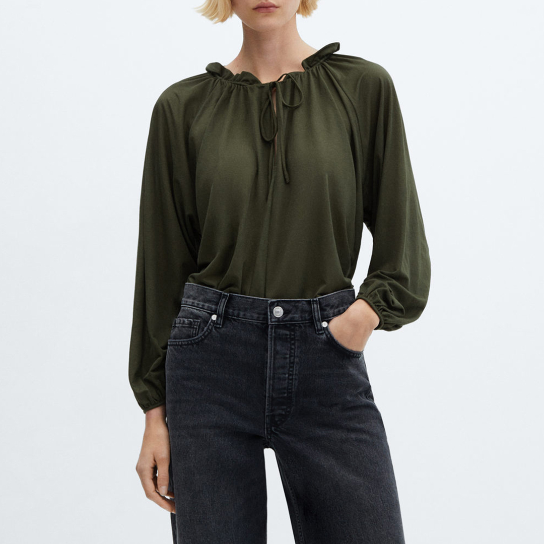 Khaki Puffed Sleeves Blouse