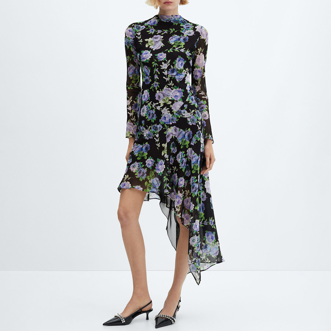 Mango Women's  Black/Purple Printed Asymmetric Dress in Size S, BrandAlley