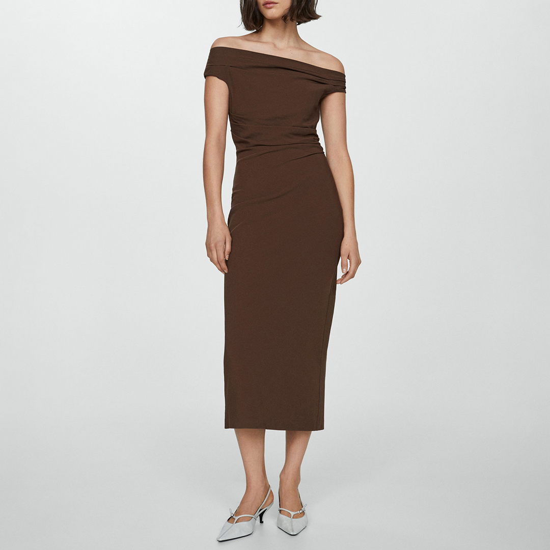 Mango Women's  Chocolate Off-The-Shoulder Draped Dress in Size XS, BrandAlley