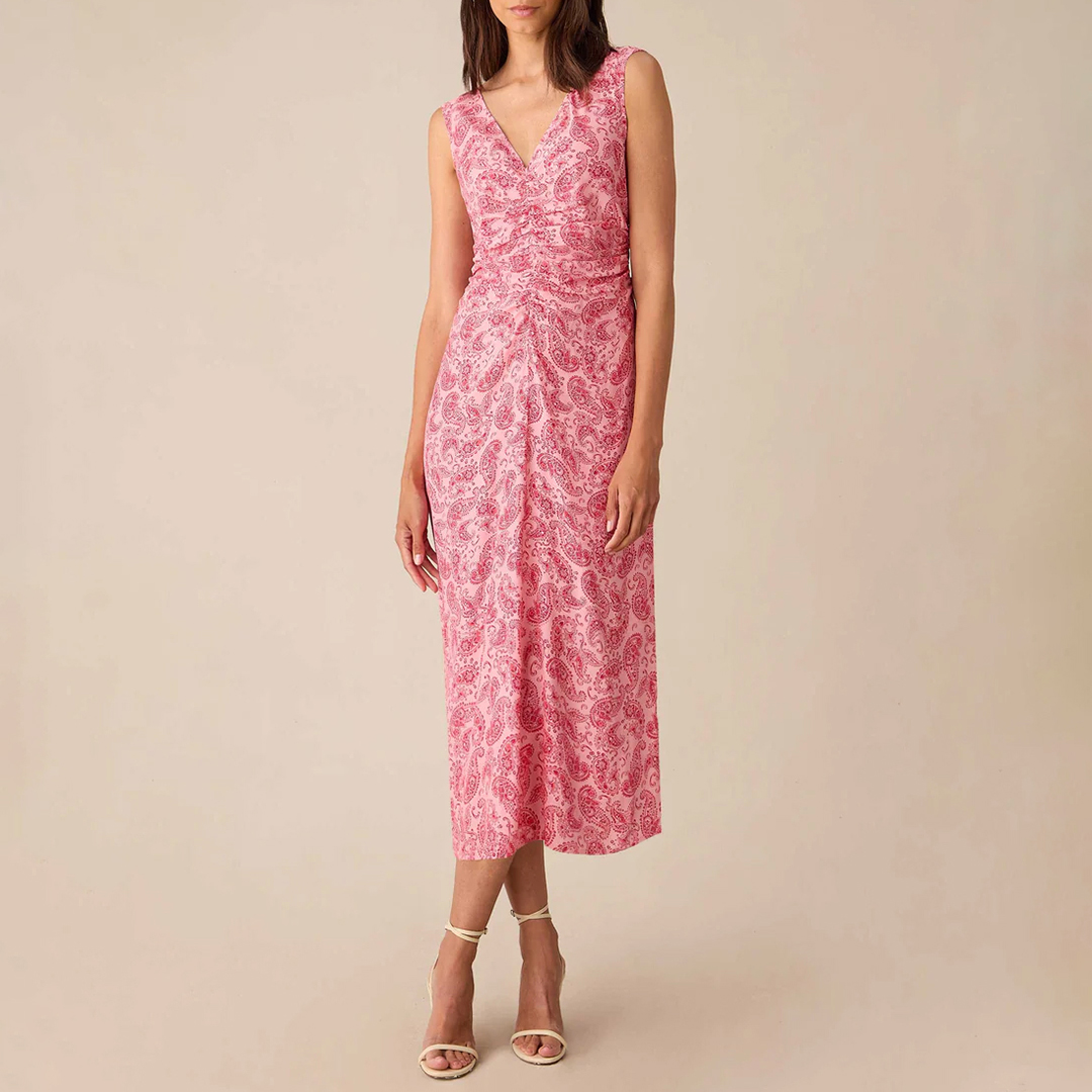 Pink Paisley Ruched Front V-Neck Midi Dress