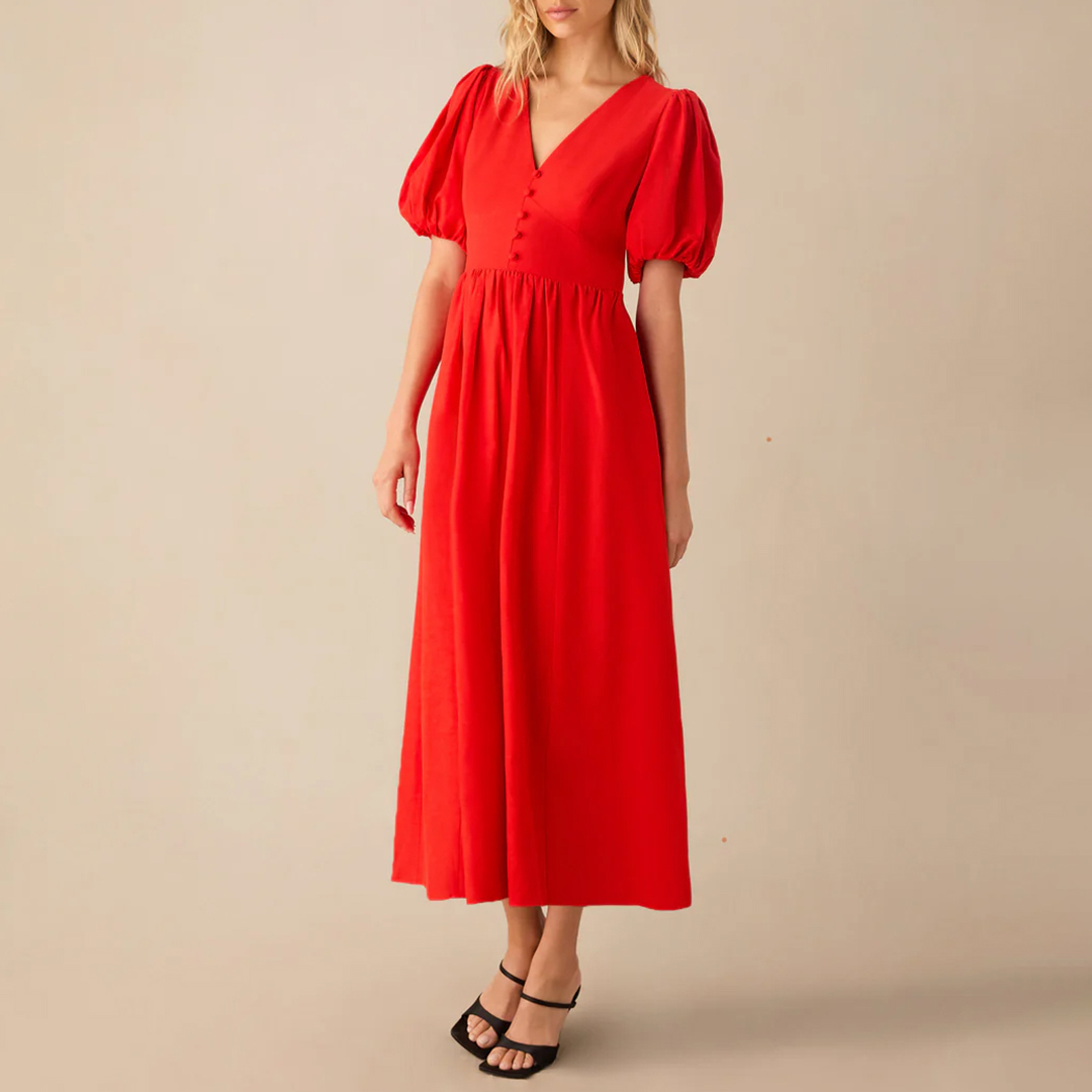 Red Linen Blend Puff Sleeve V Neck Midi Dress