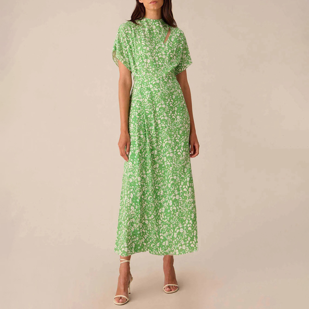 Green Ditsy Print Tuck Waist Midi Dress